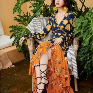 Blue and Orange Long Sleeve Wrap Sundress